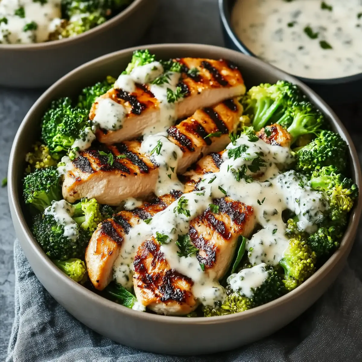 Grilled Chicken & Broccoli Bowls with Creamy Garlic Sauce