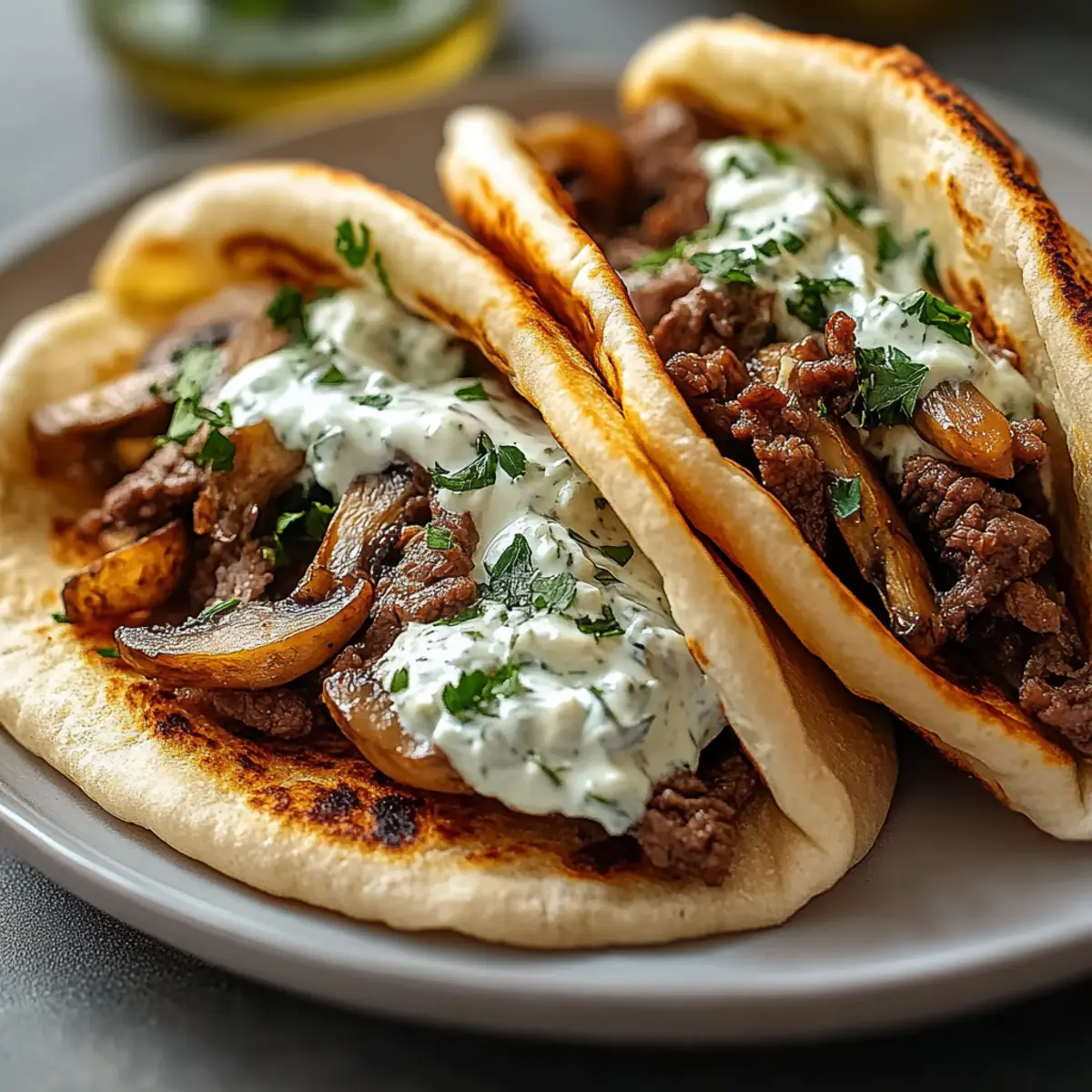 Cheesy Beef and Mushroom Pita Pockets with Tzatziki Sauce