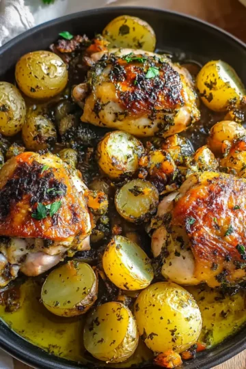 Roasted Mediterranean Chicken Thighs with Crispy Baby Potatoes