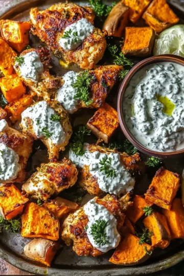Sheet Pan Chicken Tzatziki and Sweet Potatoes