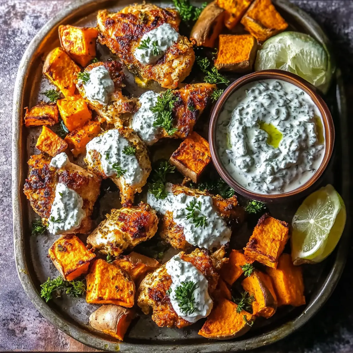 Sheet Pan Chicken Tzatziki and Sweet Potatoes