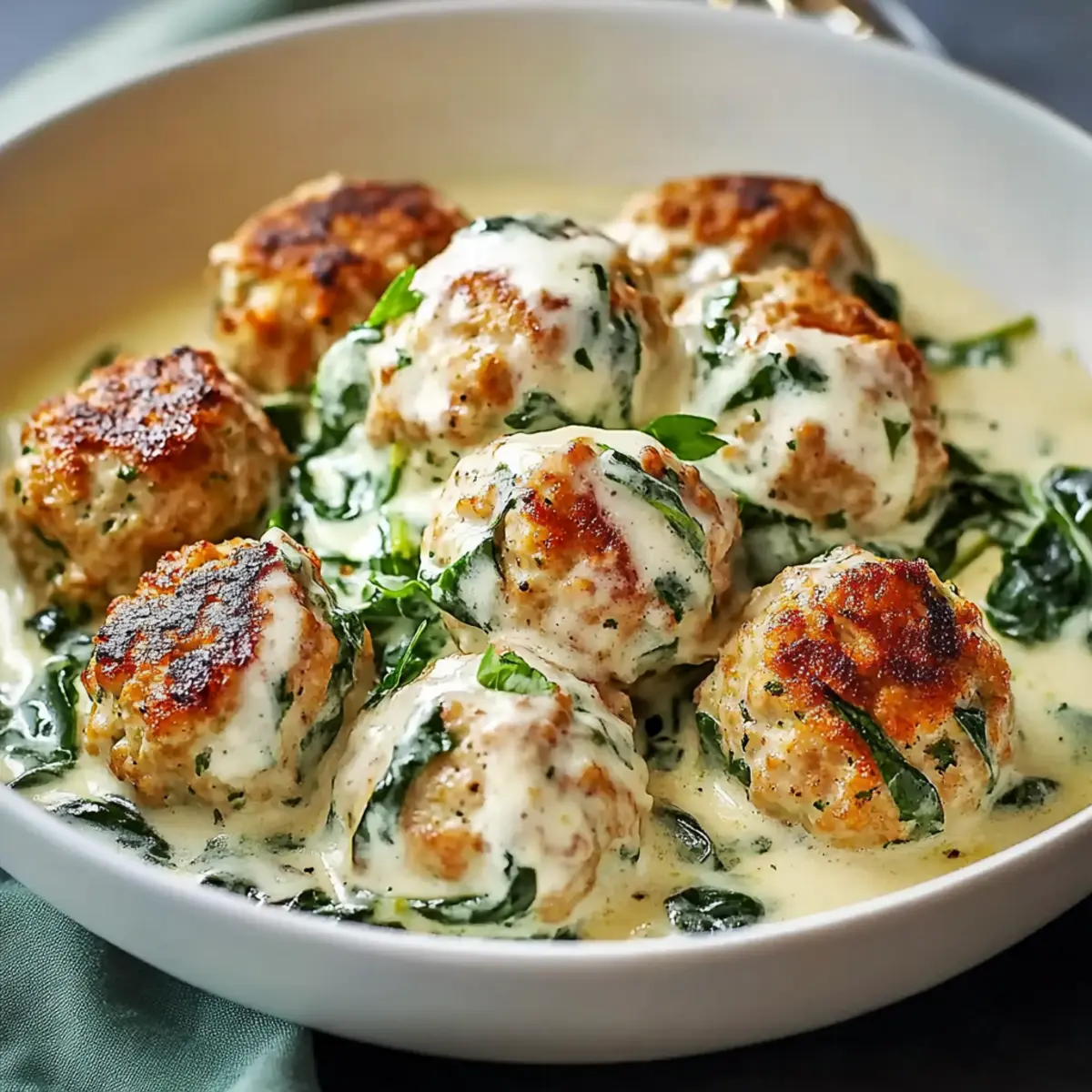 Chicken Ricotta Meatballs with Cream Spinach Alfredo