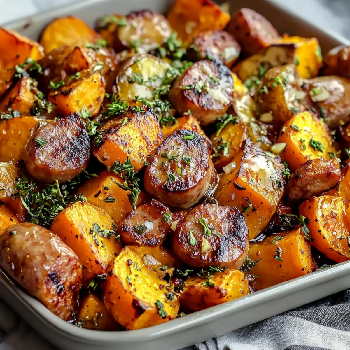 Sheet Pan Sausage and Sweet Potatoes with Honey Garlic Sauce