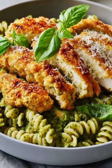 Pesto Pasta with Crispy Parmesan Chicken