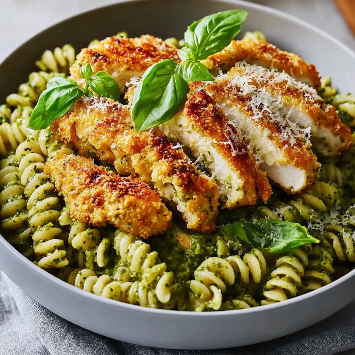 Pesto Pasta with Crispy Parmesan Chicken