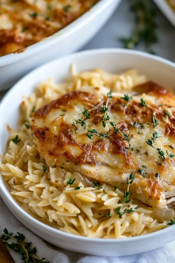 French Onion Chicken Orzo Casserole