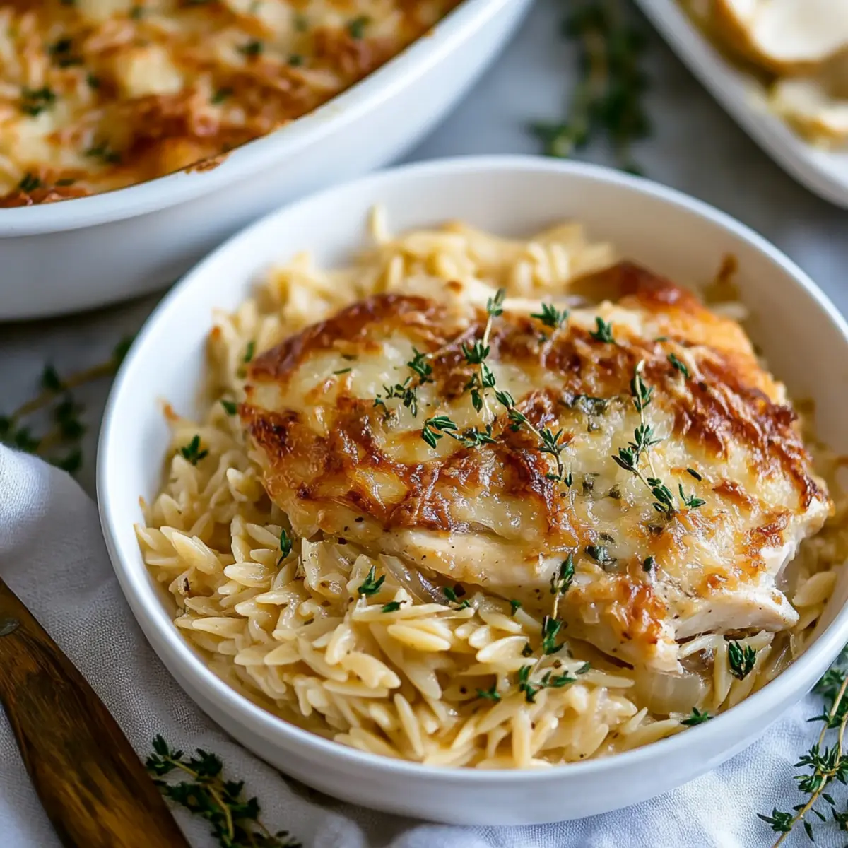 French Onion Chicken Orzo Casserole